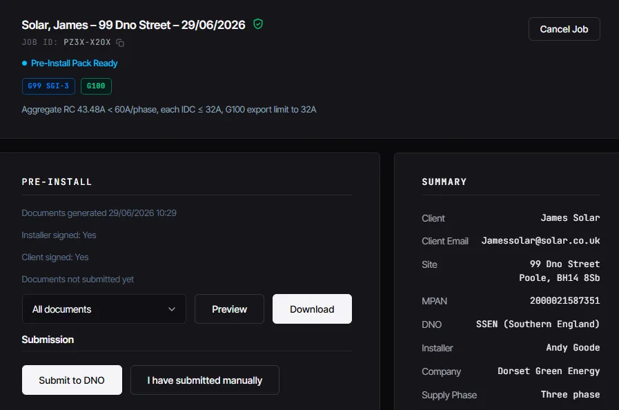 CLRD pre install pack ready, with the routed forms generated and ready to submit to the DNO