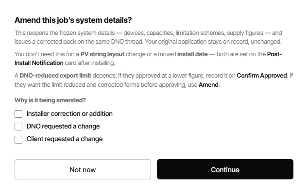 The Amend dialog in CLRD, asking why the job is being amended