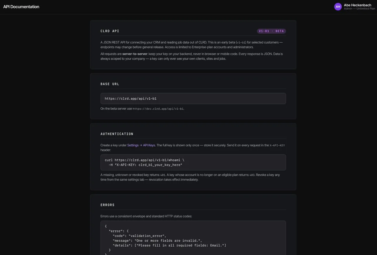 CLRD API documentation: REST base URL, API key authentication, webhooks and error format for connecting your CRM