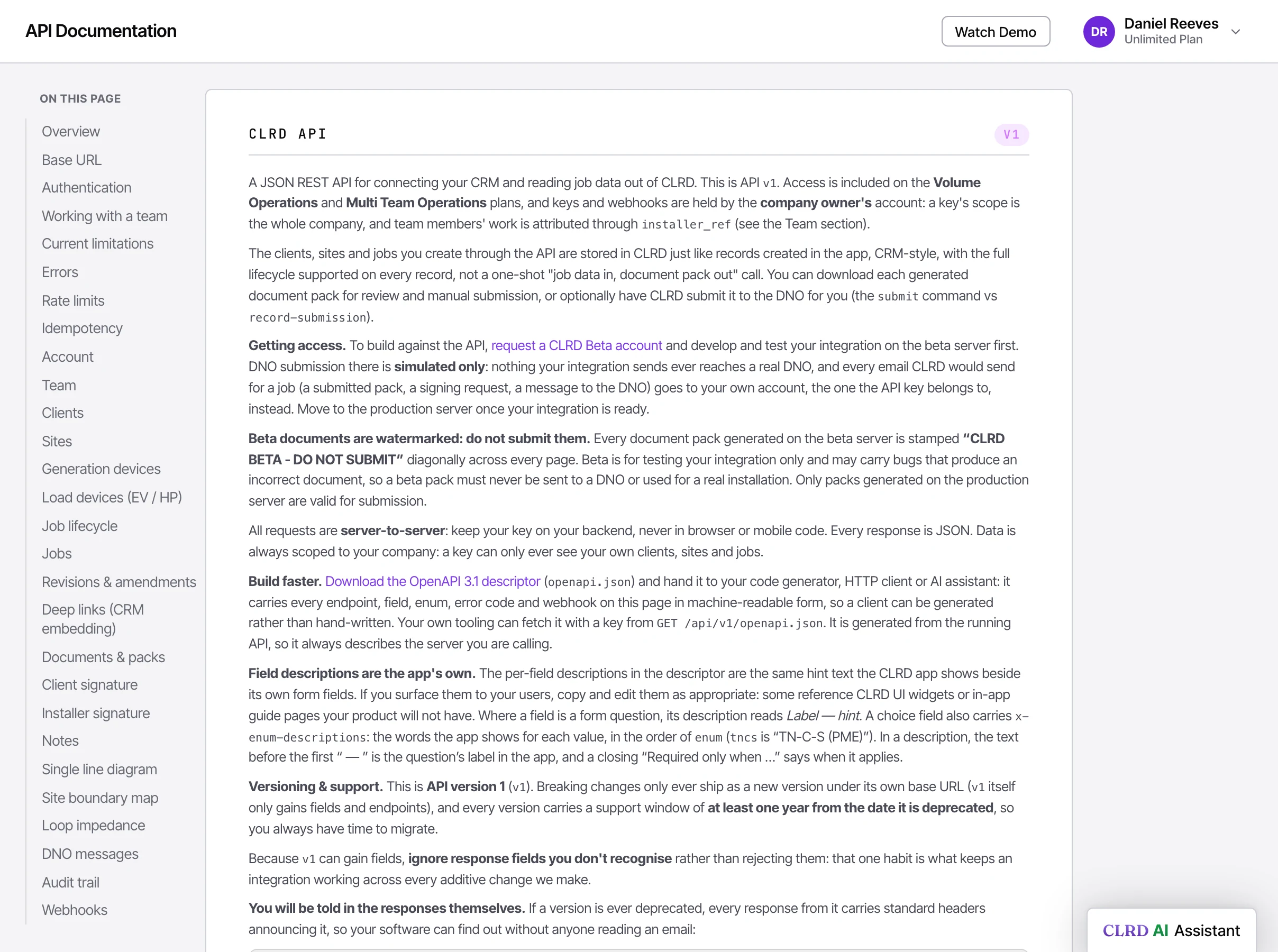 CLRD API documentation: REST base URL, API key authentication, webhooks and error format for connecting your CRM