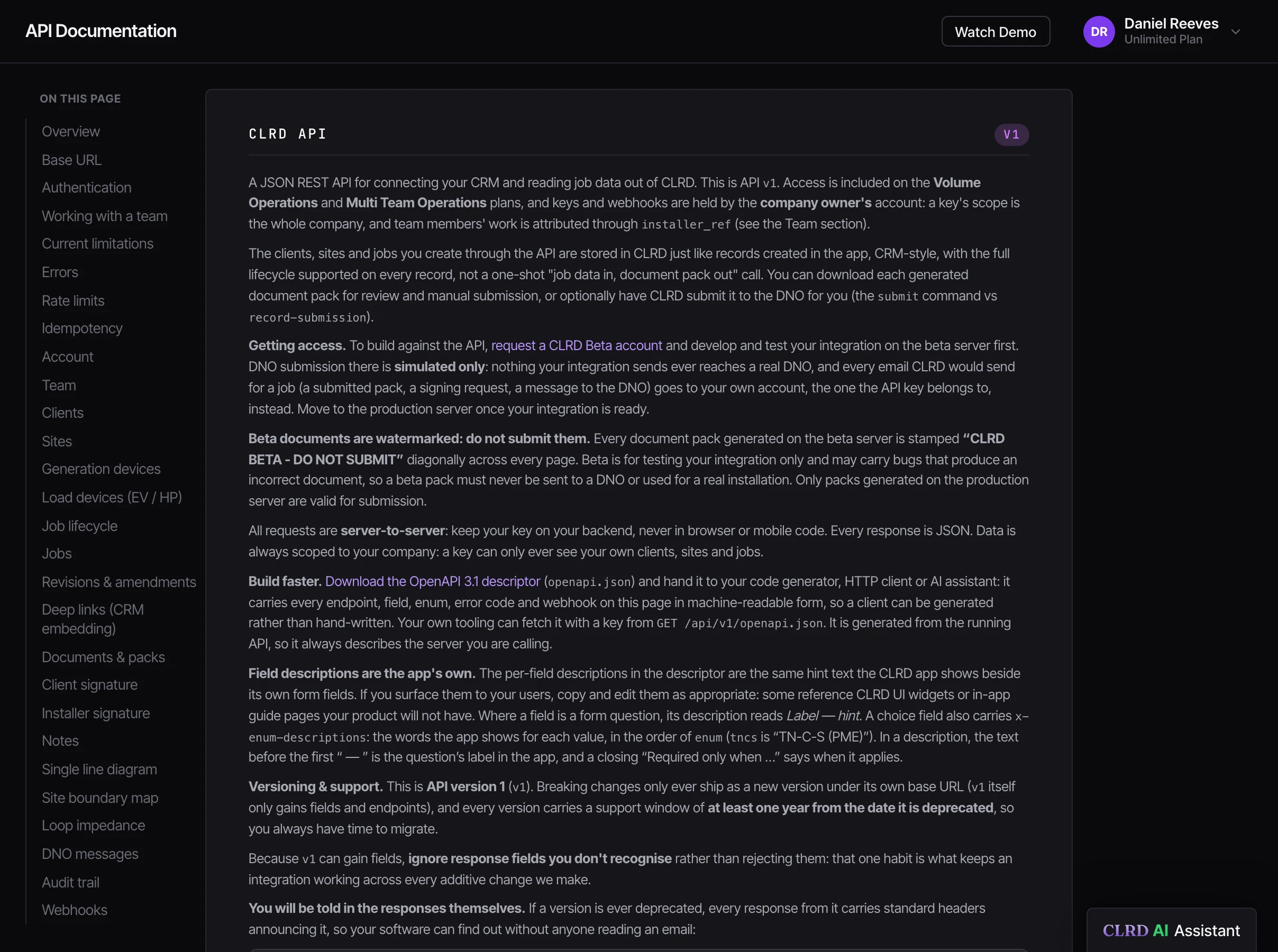 CLRD API documentation: REST base URL, API key authentication, webhooks and error format for connecting your CRM