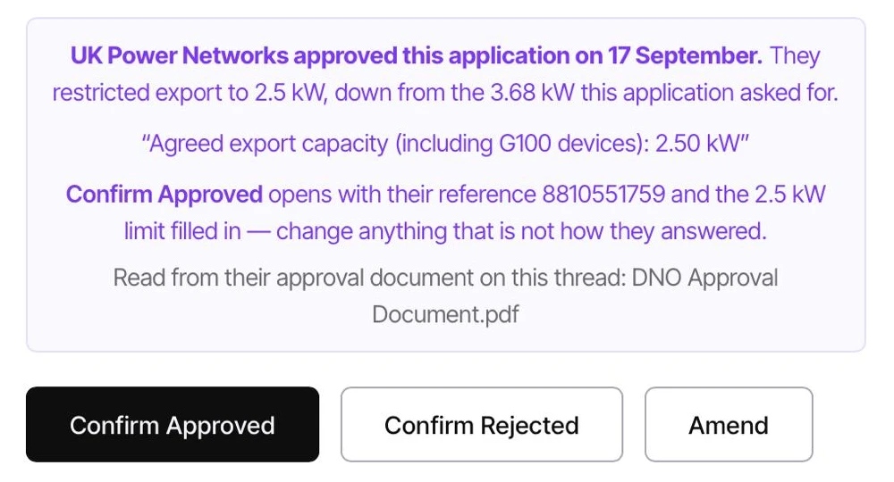 CLRD job banner: UK Power Networks approved the application but restricted export to 2.5 kW, quoting the line from their letter, with Confirm Approved opening with the reference and the limit filled in
