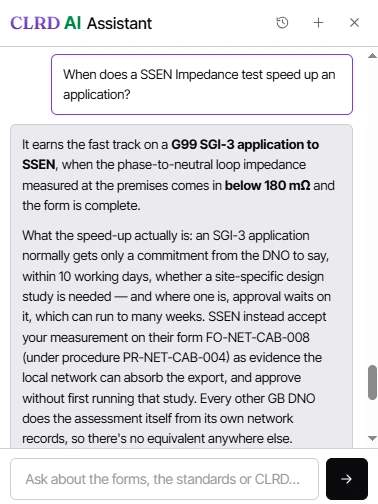 The CLRD AI assistant answering when an SSEN impedance test speeds up a G99 SGI-3 application, citing the below 180 milliohm threshold and SSEN's own form reference