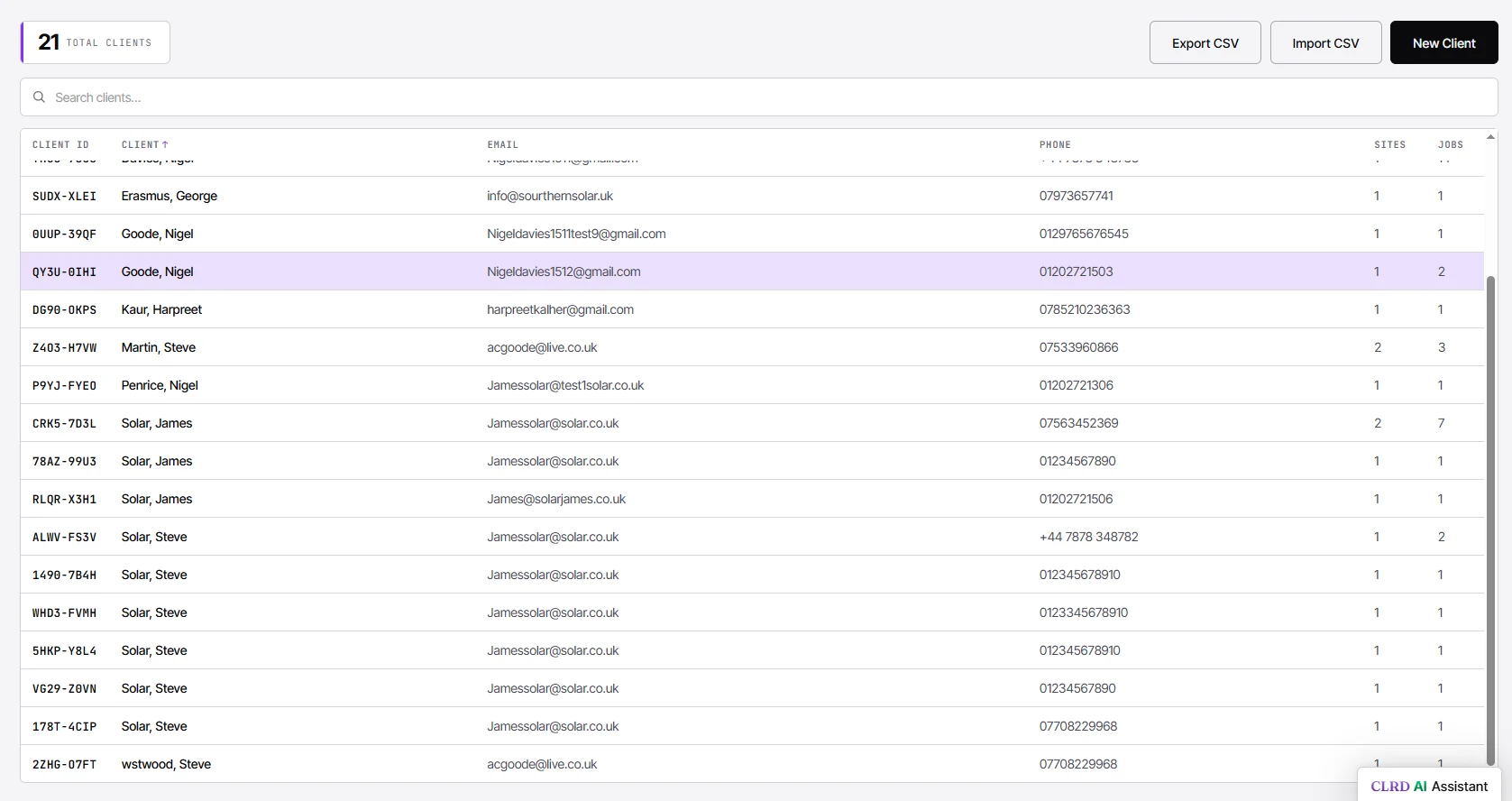 The CLRD Clients page with Export CSV, Import CSV and New Client buttons above the client list, showing 21 clients