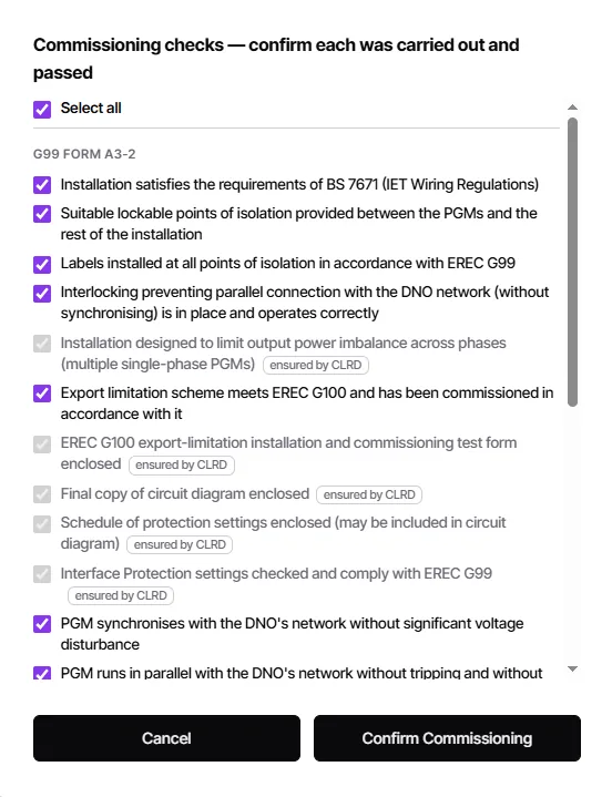 CLRD commissioning checklist with each required check itemised and signed off