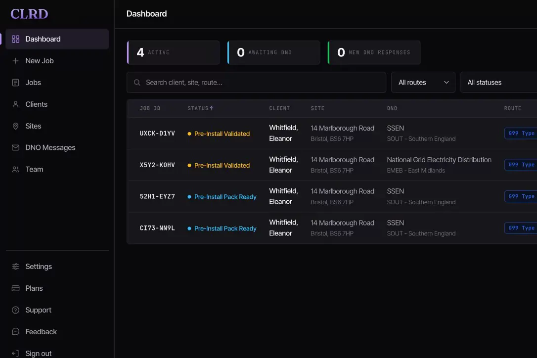 CLRD dashboard listing live jobs with DNO routes and pre install pack status