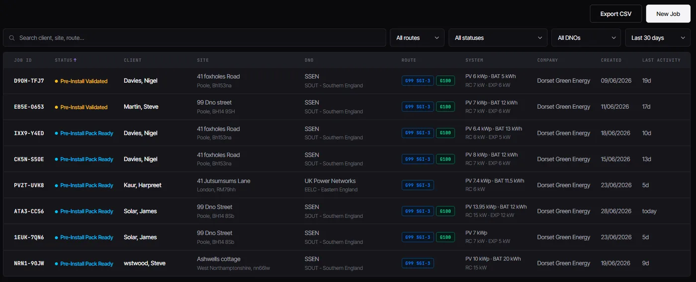 CLRD dashboard listing live jobs with their deterministic DNO routes, system specs and statuses