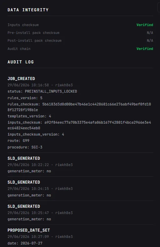 CLRD data integrity panel with verified checksums and the full per job audit log