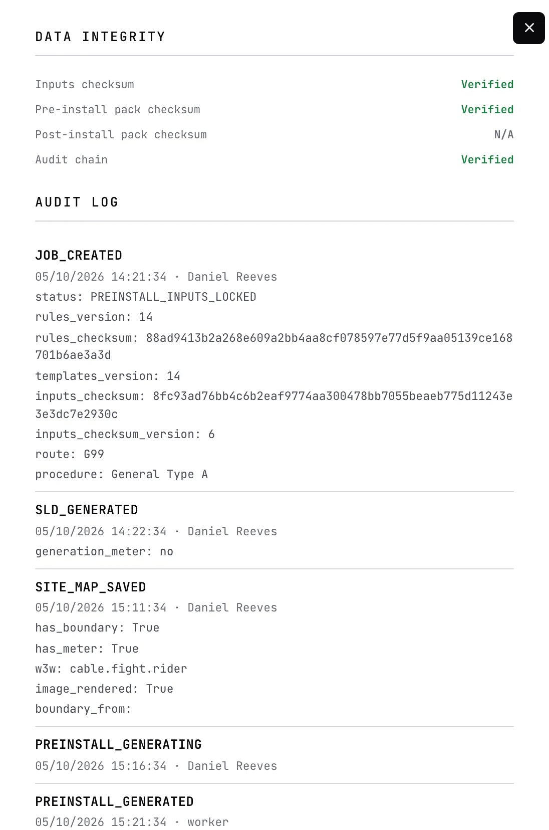 CLRD data integrity panel with verified checksums and the full per job audit log