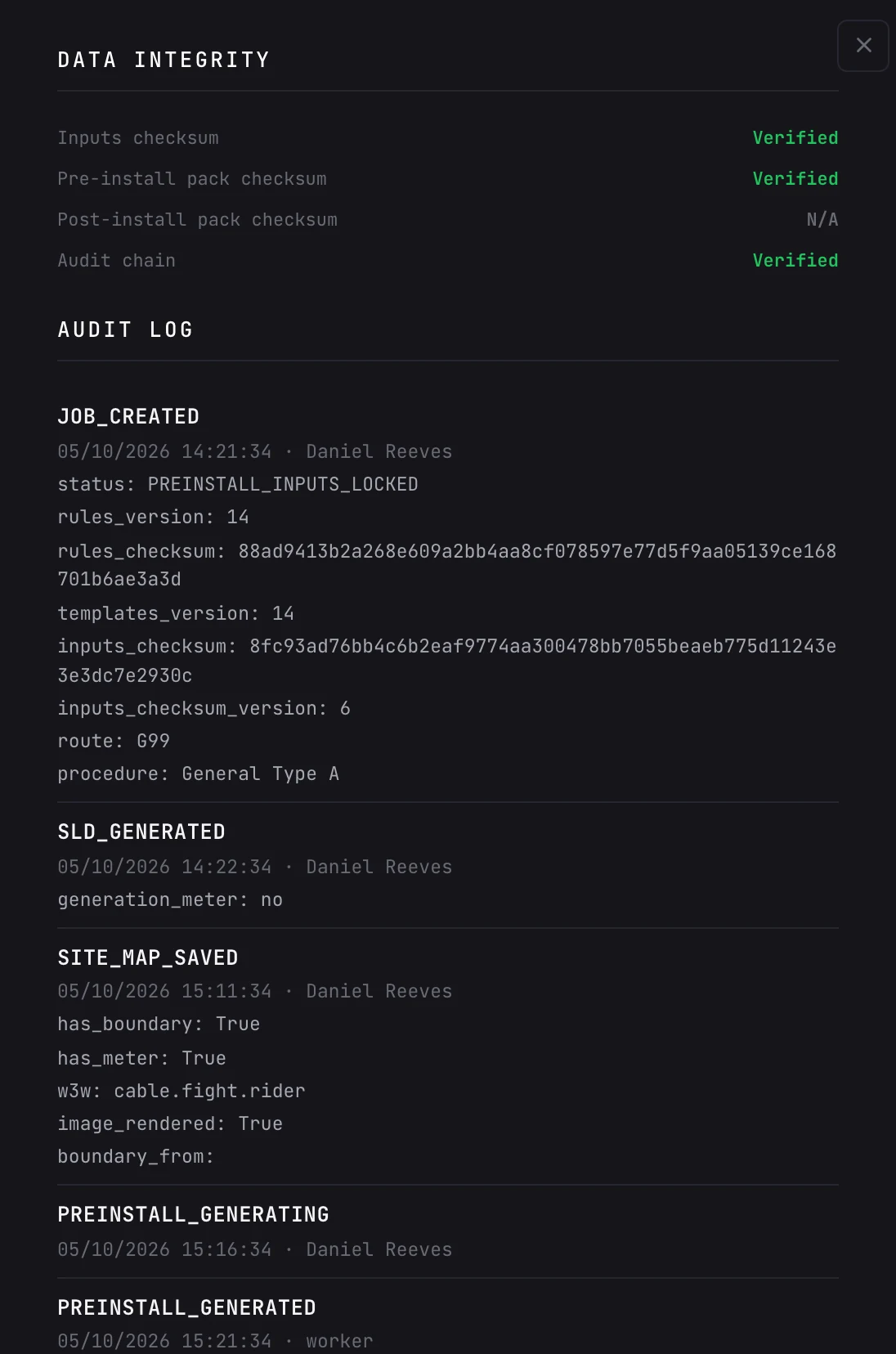 CLRD data integrity panel with verified checksums and the full per job audit log