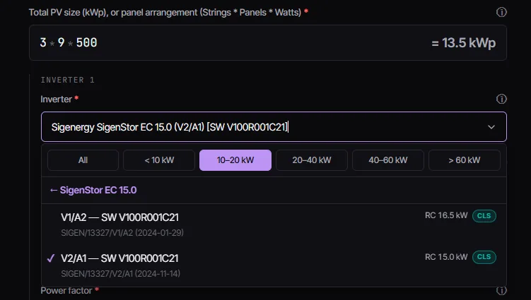 CLRD inverter lookup against the ENA type tested database, showing FTT registration references