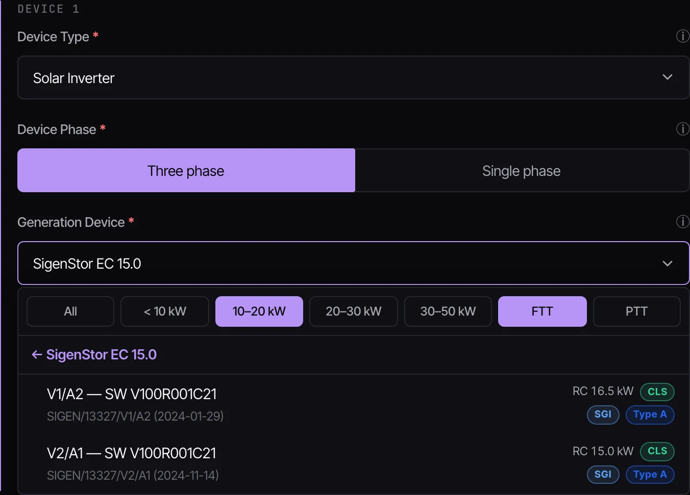 CLRD inverter lookup against the ENA type tested database, showing FTT registration references