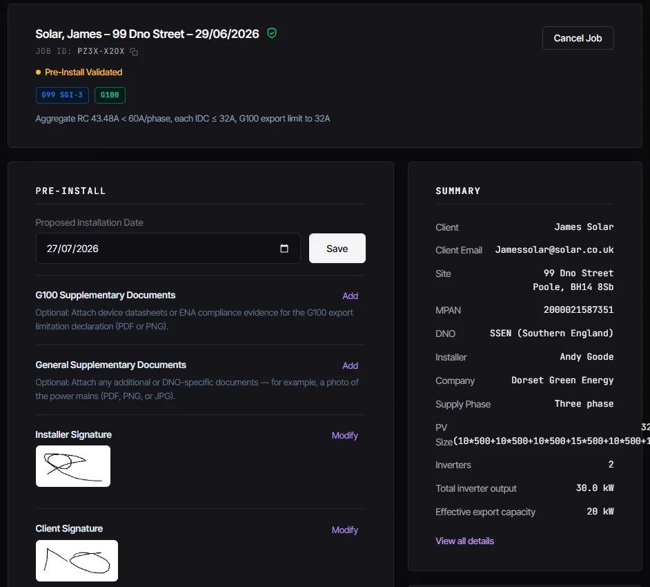 CLRD job routed to G99 SGI-3 and G100, with the pre install pack validated and ready