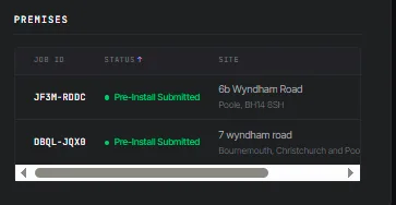 A CLRD batch showing separate premises, each with its own job ID, site address and pre install submitted status