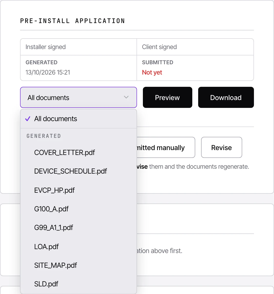 The generated document list in a CLRD job: cover letter, device schedule, EVCP and HP form, G100 Form A, G99 A1-1, letter of authority, site map and single line diagram