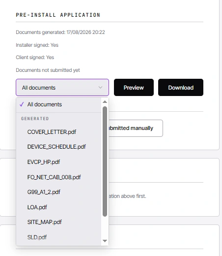 The generated document list in a CLRD job: cover letter, device schedule, EVCP and HP form, G99 A1-2, letter of authority, site map and single line diagram