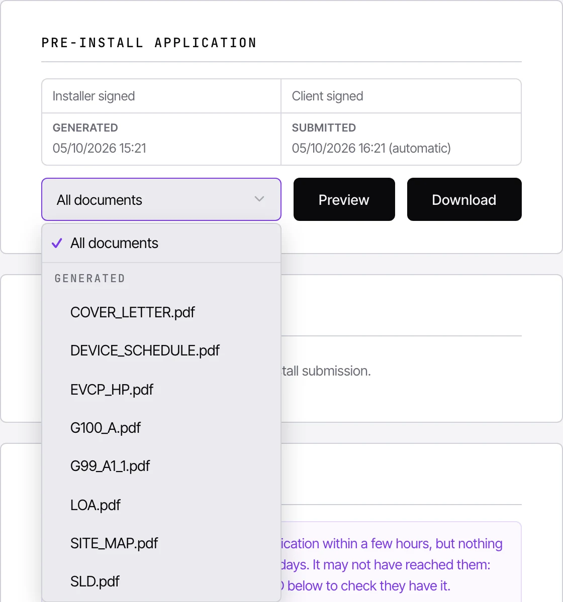 A generated pre-install application in CLRD, showing the time it was generated and submitted above the eight documents produced: cover letter, device schedule, EVCP and HP form, G100 Form A, G99 A1-1, letter of authority, site map and single line diagram