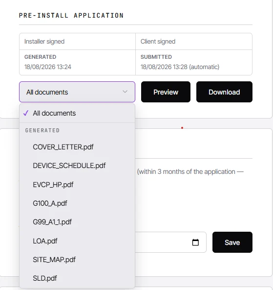 A generated pre-install application in CLRD, showing the time it was generated and submitted above the eight documents produced: cover letter, device schedule, EVCP and HP form, G100 Form A, G99 A1-1, letter of authority, site map and single line diagram