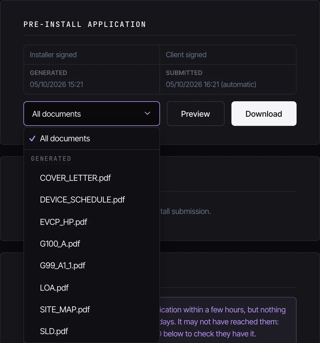 A generated pre-install application in CLRD, showing the time it was generated and submitted above the eight documents produced: cover letter, device schedule, EVCP and HP form, G100 Form A, G99 A1-1, letter of authority, site map and single line diagram