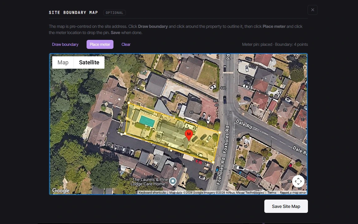 CLRD interactive site boundary map, with the property outlined and the electricity meter pinned