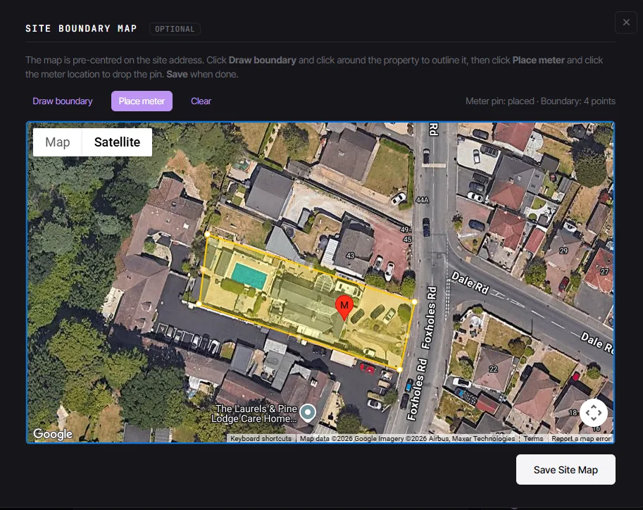 The CLRD site boundary map on satellite view, with the property outlined and a pin marking the main cut-out location