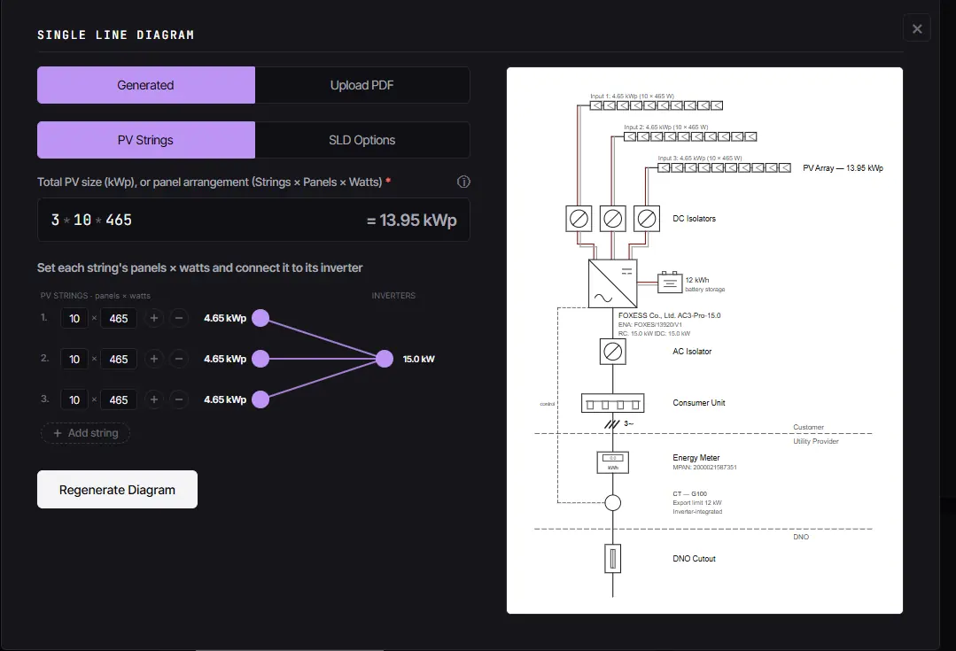 CLRD single line diagram generator wiring PV strings to the inverter