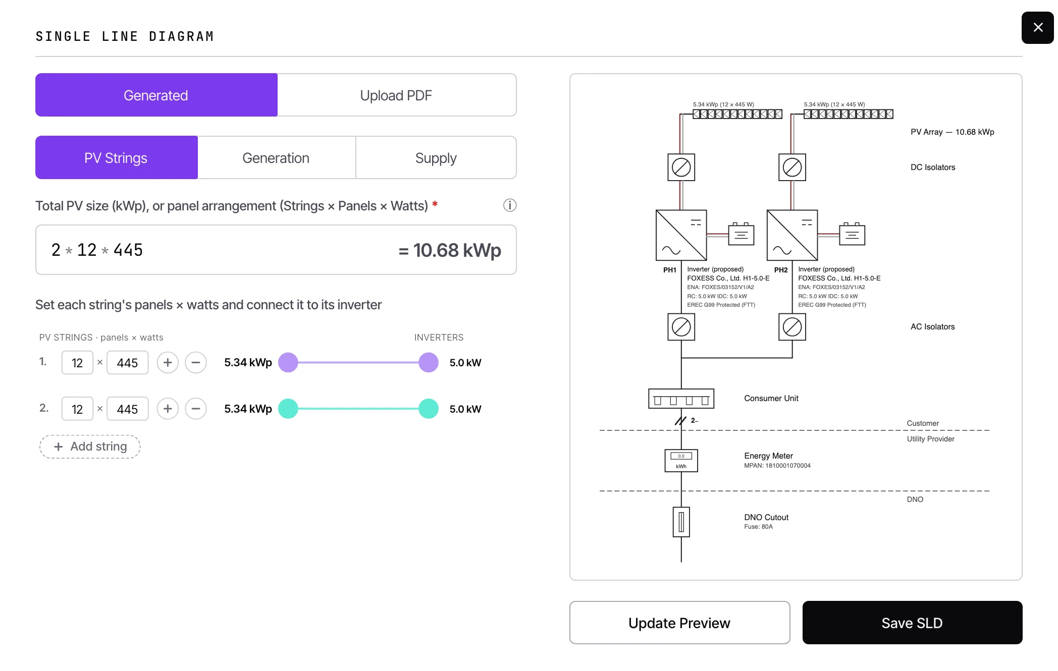 A complete single line diagram for a domestic solar and battery installation, showing PV strings, inverters, isolators, consumer unit, meter and DNO cutout