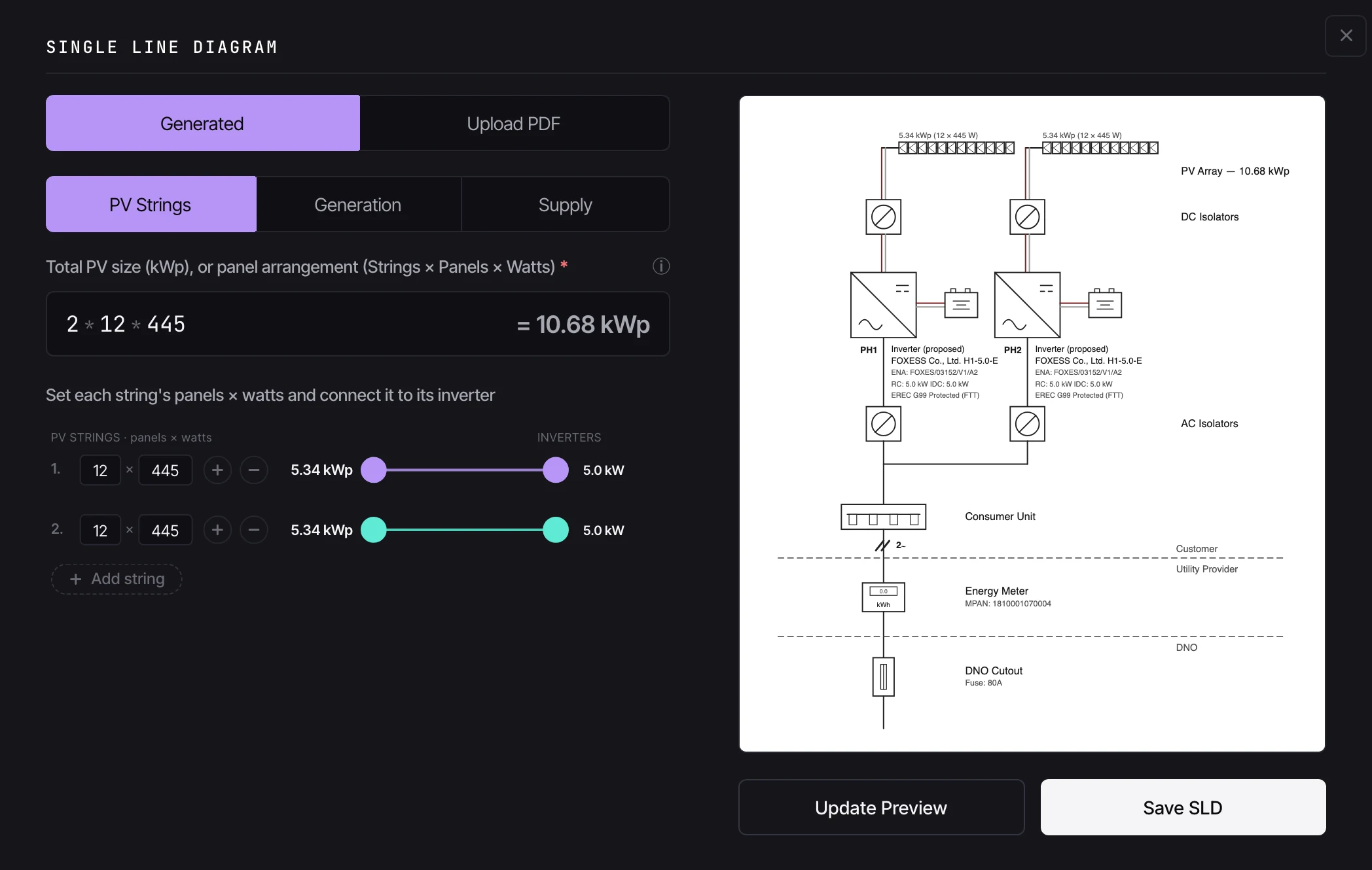 A complete single line diagram for a domestic solar and battery installation, showing PV strings, inverters, isolators, consumer unit, meter and DNO cutout