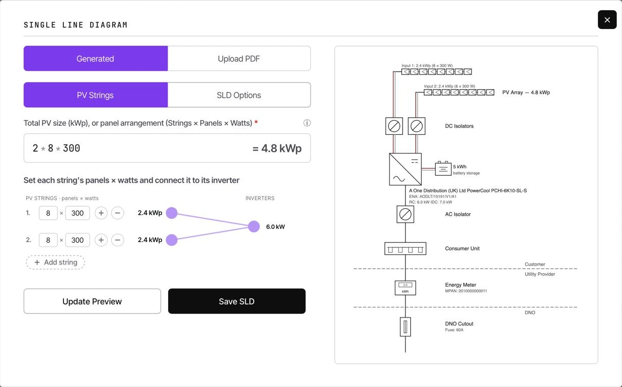 CLRD single line diagram generator, with each PV string set to its panels and watts, connected to the inverter and drawn into a DNO ready diagram