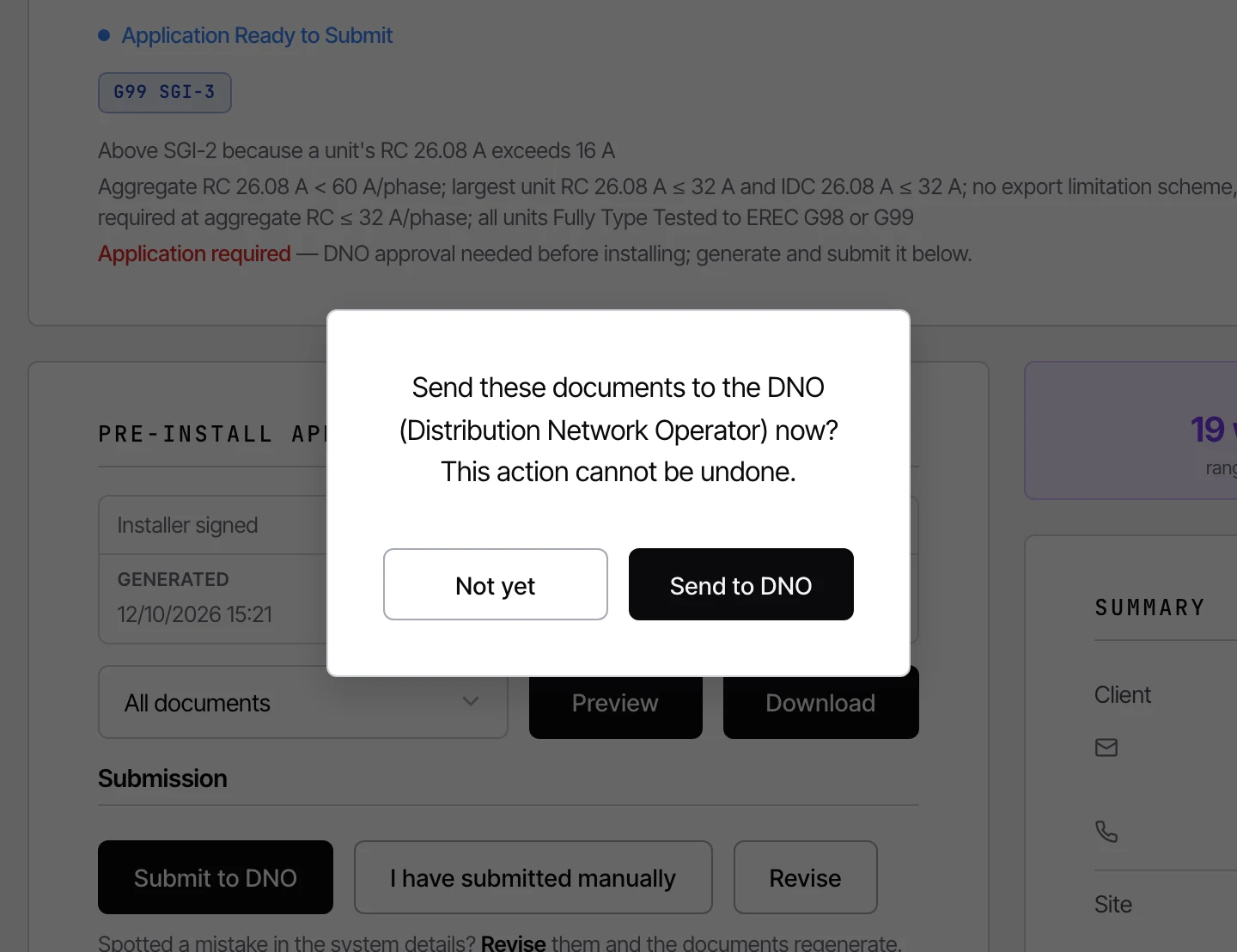 CLRD confirming submission with the 'Send these documents to the DNO' dialog