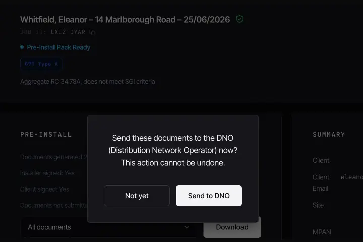 CLRD confirming submission with the 'Send these documents to the DNO' dialog