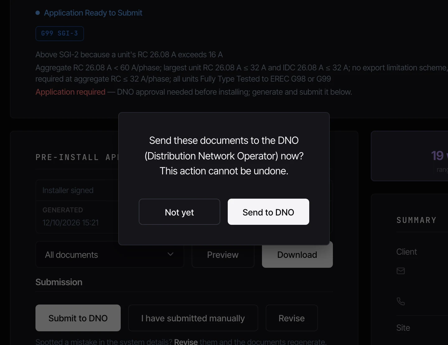 CLRD confirming submission with the 'Send these documents to the DNO' dialog
