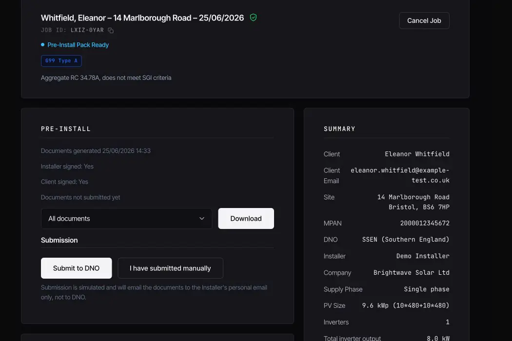 CLRD submission screen with the pre install pack ready to submit to the DNO
