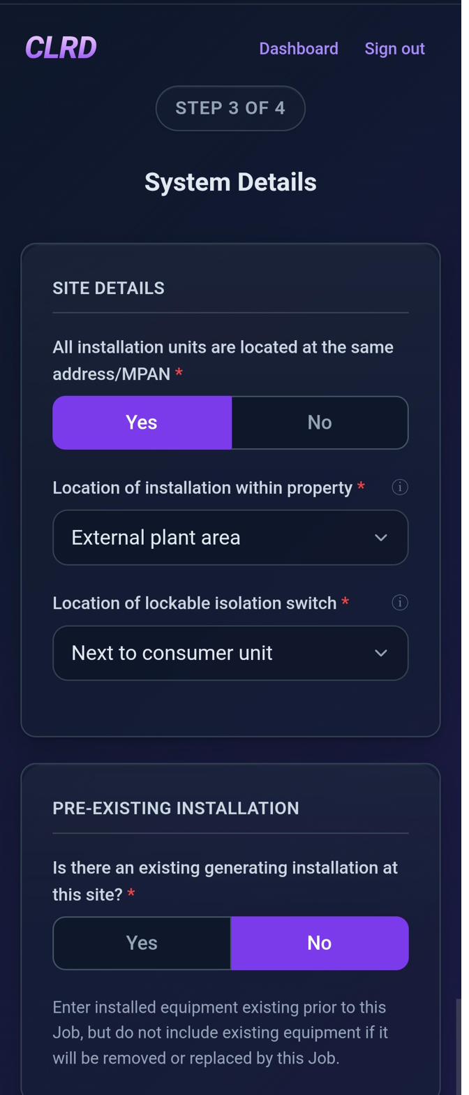 CLRD new job wizard capturing system and site details for a DNO application