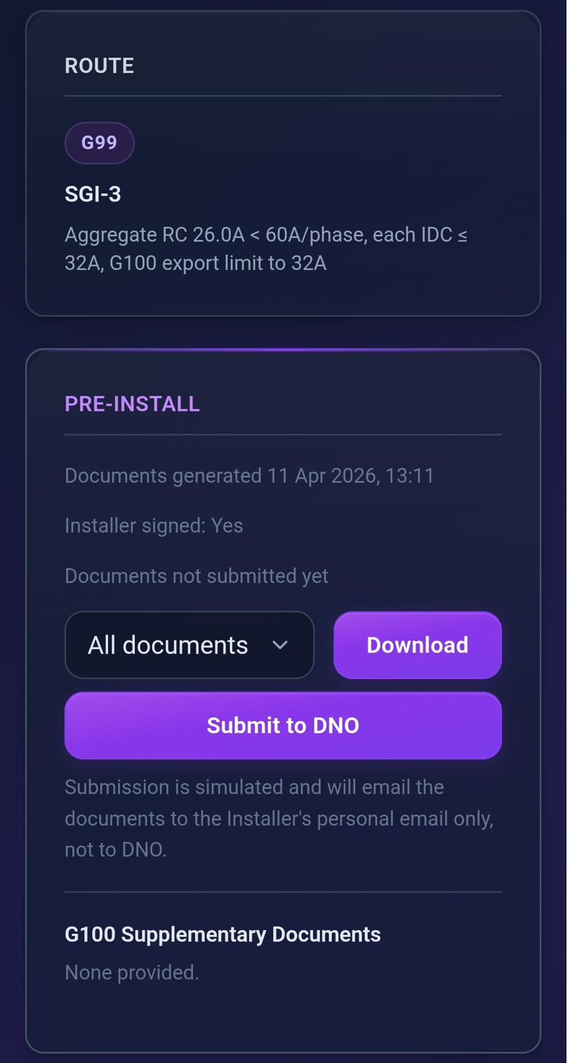 CLRD job page showing a G99 SGI-3 route determination and pre-install DNO document pack
